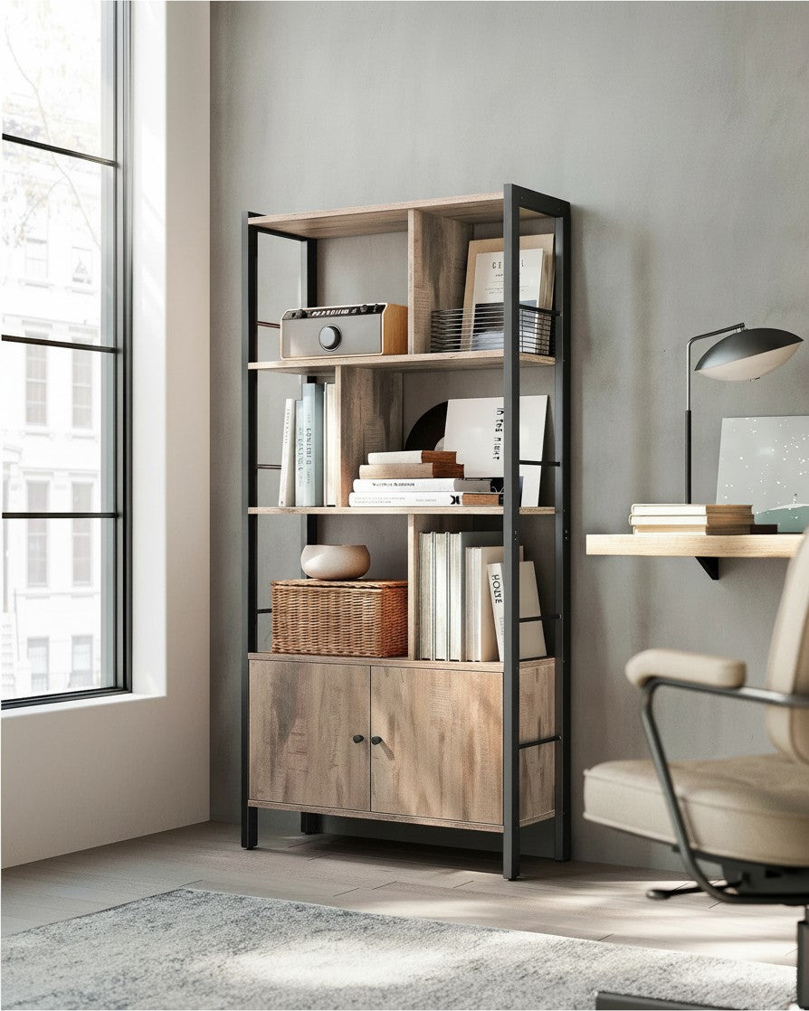 Tokari open opbergrek met 5 planken in hout en zwart metaal, ideaal voor boeken en woonaccessoires in de werkkamer.