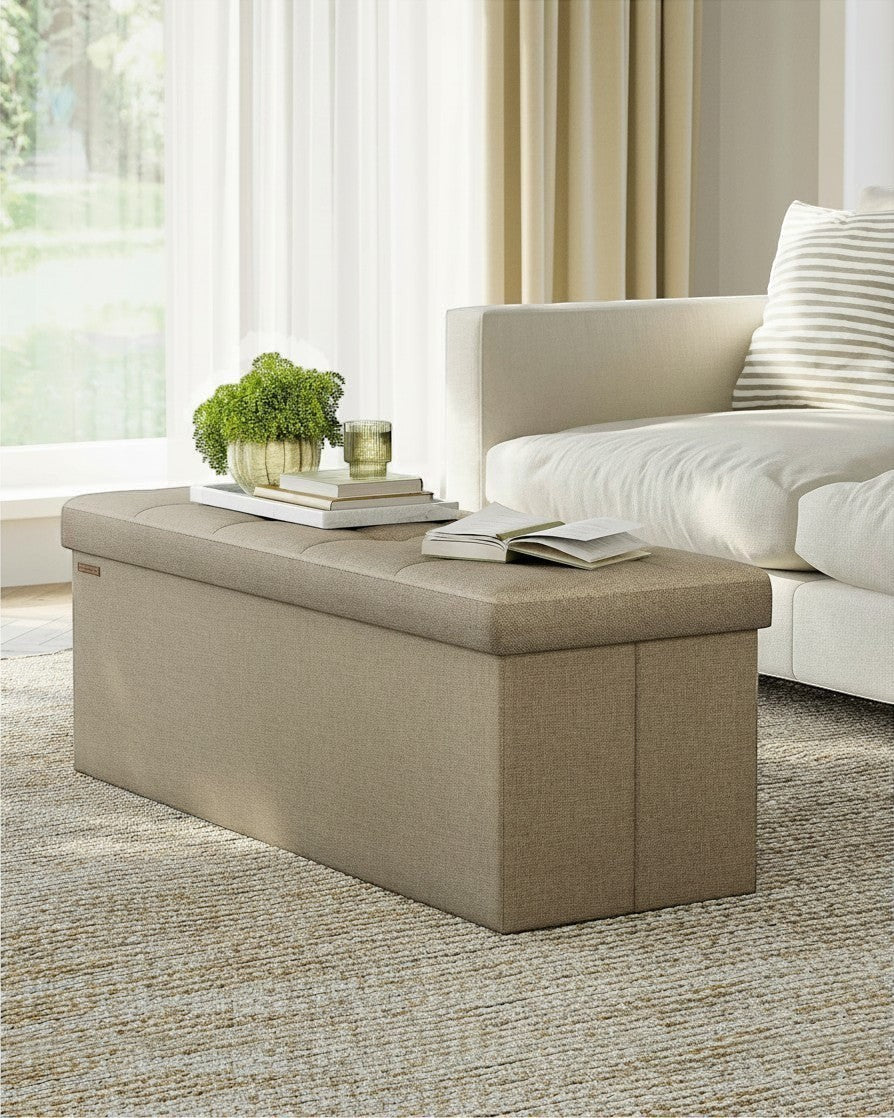 Tokari opvouwbare opbergbank in beige imitatielinnen met comfortabele schuimvulling voor in de woonkamer