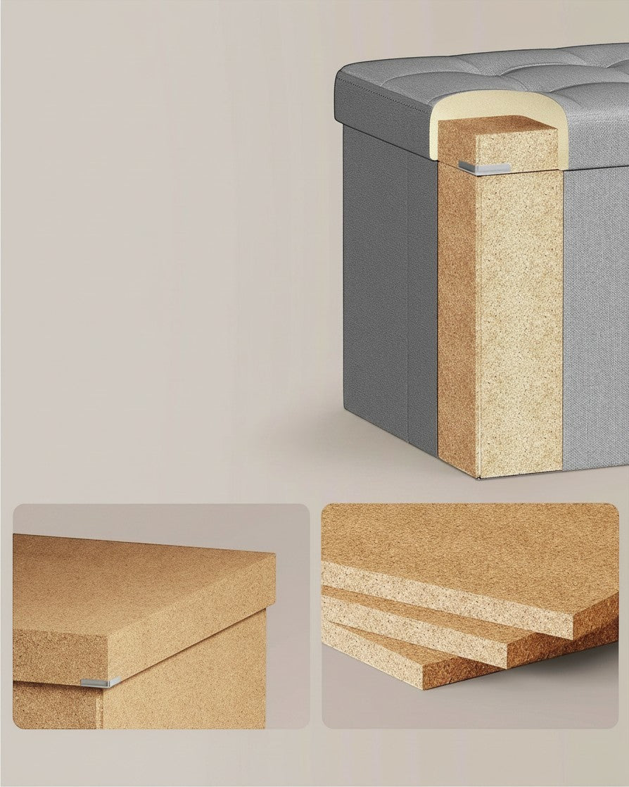 Tokari opvouwbare opbergbank in grijs imitatielinnen met MDF-frame, schuimvulling en metalen hoekbeschermers.