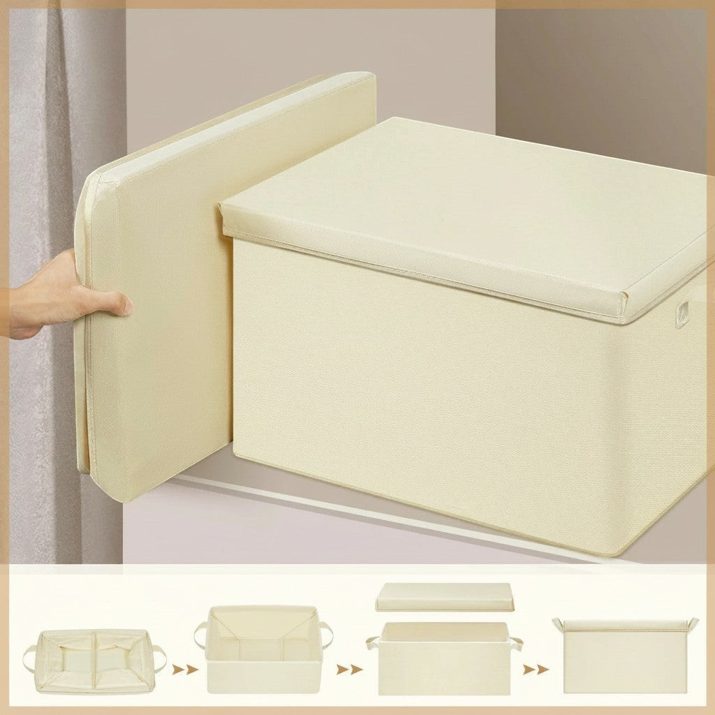 Tokari opbergboxen met deksel in beige, opvouwbaar ontwerp met stevige handvatten voor kleding en textiel