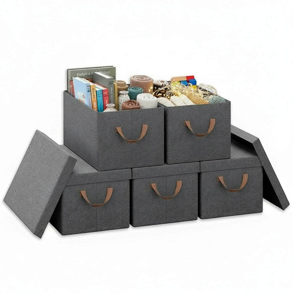 Set van 5 grijze Tokari opvouwbare opbergboxen met deksel en bruine leren handgrepen voor kastorganisatie