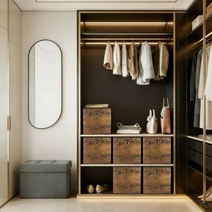 Tokari set van drie bruine opvouwbare opbergkubussen van stof in een moderne inloopkast met kleding en accessoires.