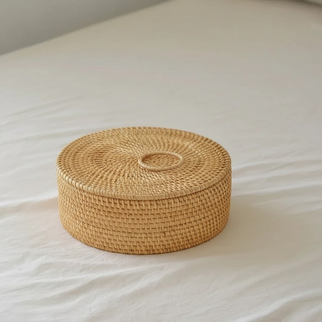 Tokari handgevlochten ronde rattan snackdoos met deksel in natuurlijke beige kleur voor snacks of opbergen