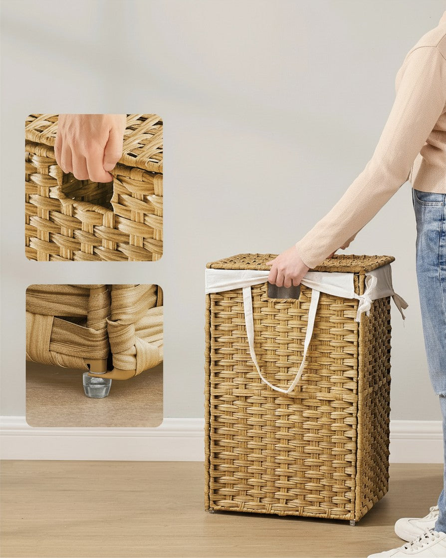 Tokari rotan wasmand met deksel, uitneembare witte waszak en stevig metalen frame voor badkamer of slaapkamer