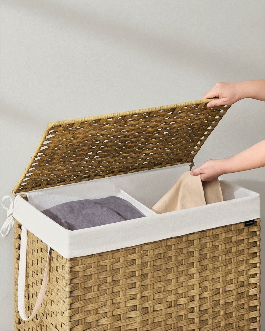 Tokari rotan wasmand met deksel en uitneembare witte waszak voor in de badkamer