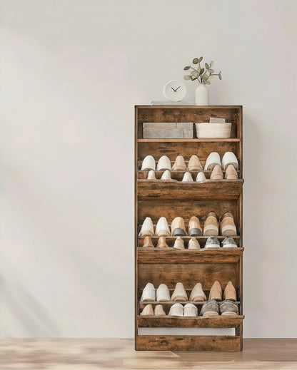Tokari schoenenkast met 3 kleppen in rustiek bruin hout met open opbergvak voor decoratie in een moderne hal