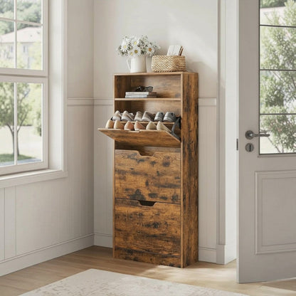 Tokari schoenenkast met 3 kleppen in rustiek bruin hout met open opbergvak voor in de hal