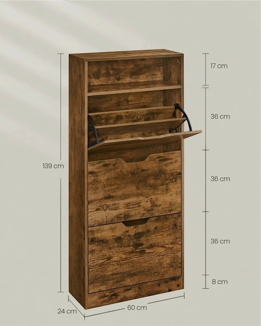 Tokari schoenenkast met 3 kleppen en open vak in rustieke bruine houtlook voor een moderne hal