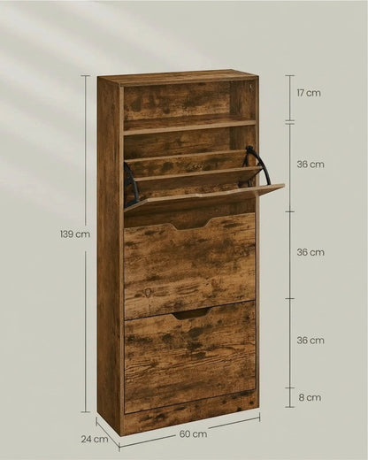 Tokari schoenenkast met 3 kleppen en open vak in rustieke bruine houtlook voor een moderne hal