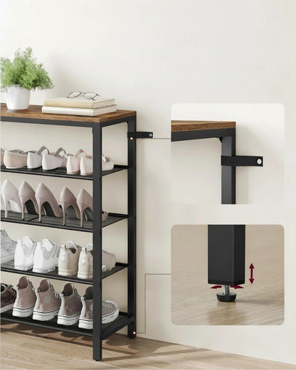 Tokari schoenenrek met 4 zwarte metalen roosterplanken en een vintage bruine houtlook bovenplaat voor in de hal