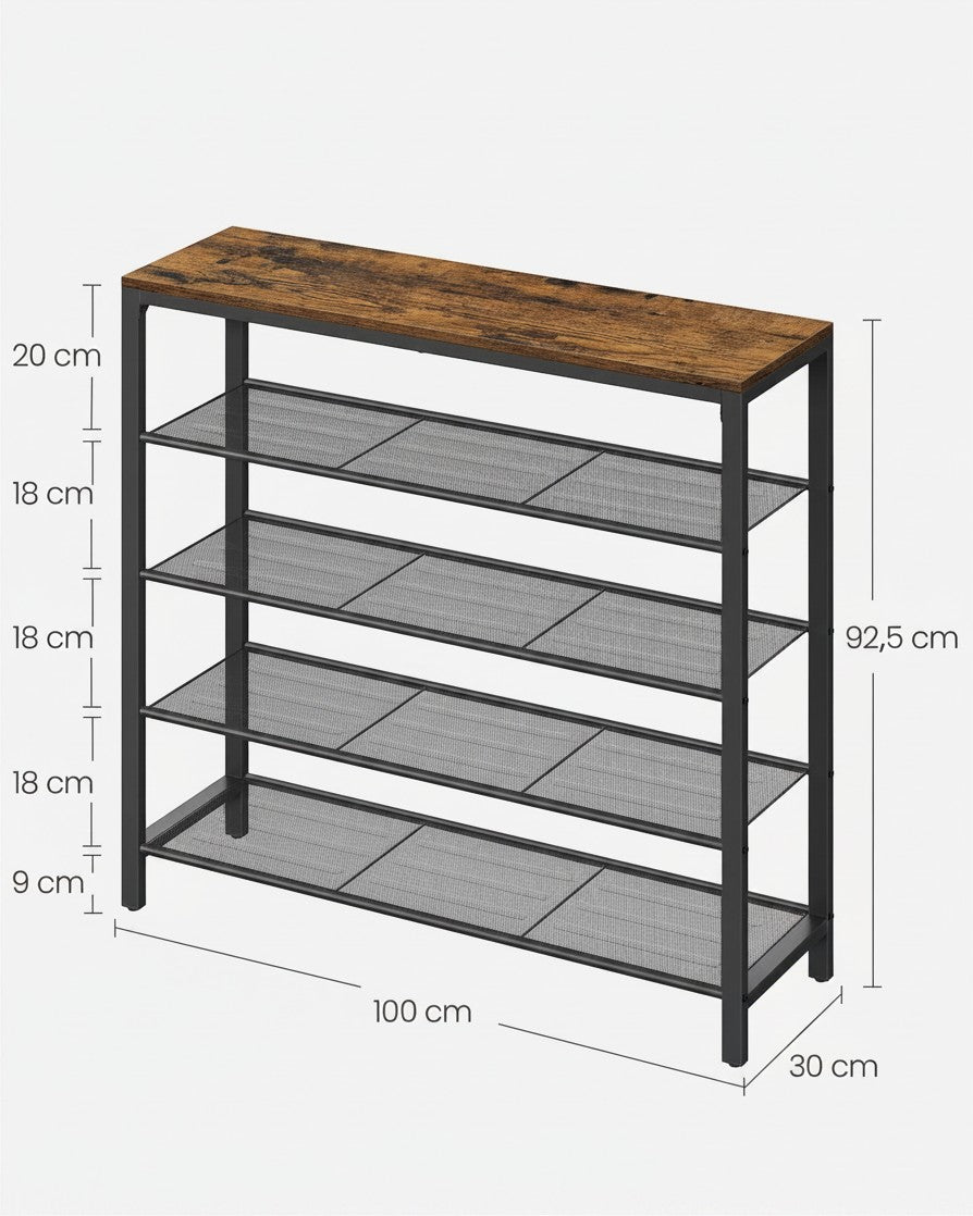 Tokari schoenenrek met vier metalen roosterplanken en een vintage bruine houtlook bovenplaat voor in de hal.