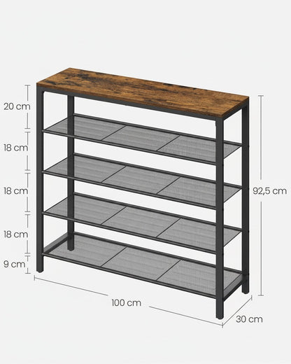 Tokari schoenenrek met vier metalen roosterplanken en een vintage bruine houtlook bovenplaat voor in de hal.