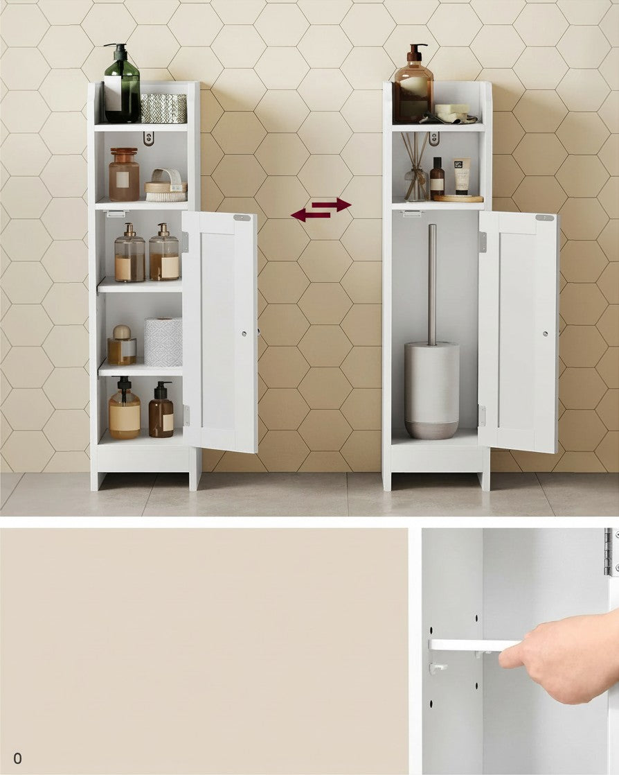 Tokari smal wit badkamerkastje van MDF met verstelbare planken en opbergruimte voor toiletartikelen en toiletrol
