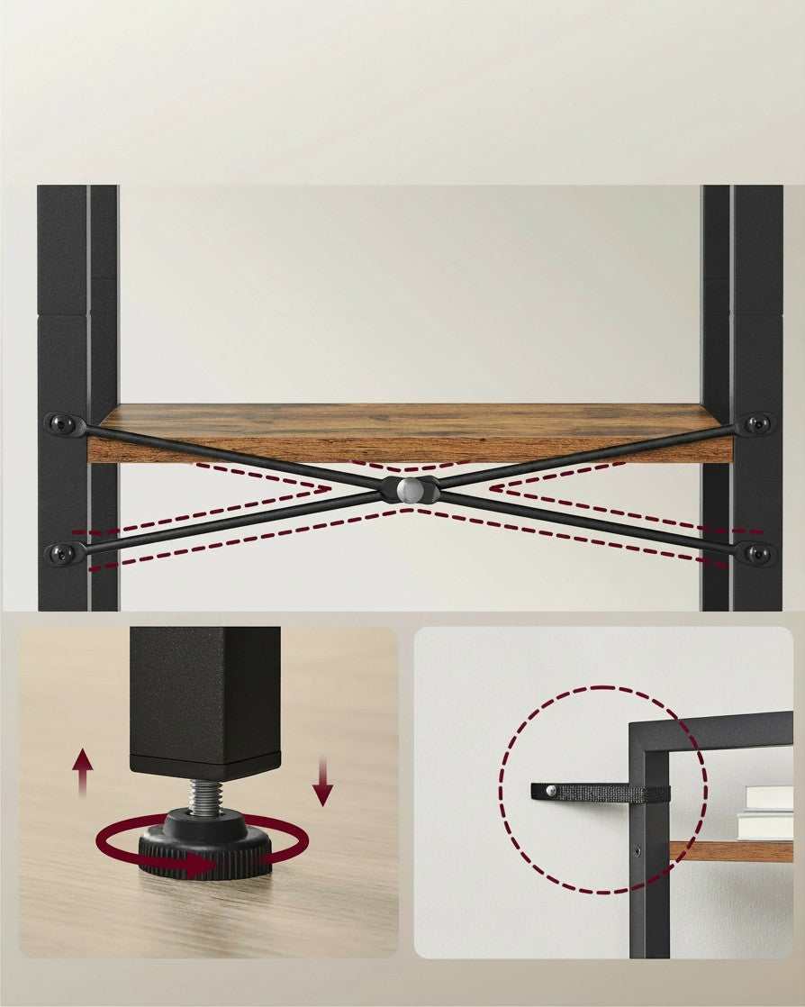 Tokari smalle boekenplank met 4 niveaus, stalen frame, X-vormige versteviging, verstelbare pootjes en kantelbeveiliging.