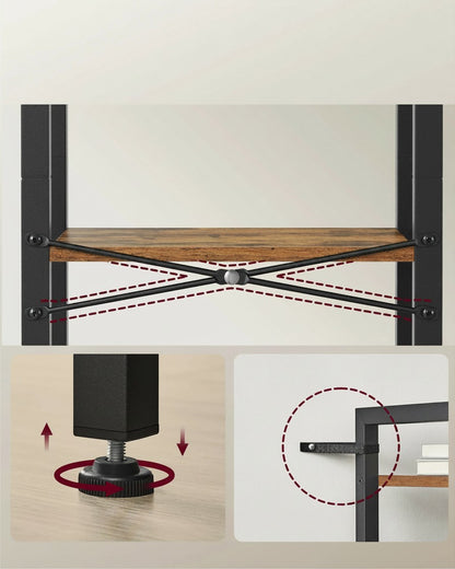 Tokari smalle boekenplank met 4 niveaus, stalen frame, X-vormige versteviging, verstelbare pootjes en kantelbeveiliging.