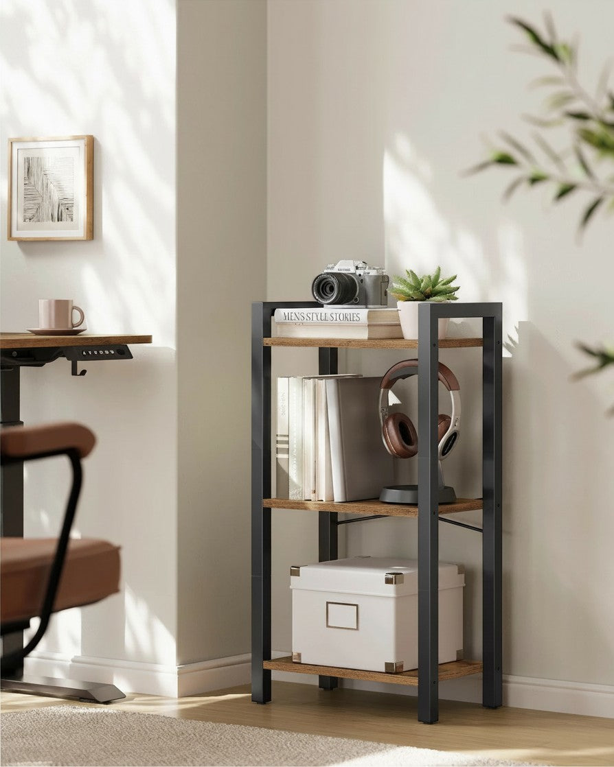 Tokari smalle boekenplank met 4 niveaus, bruin hout en zwart stalen frame, ideaal voor kantoor of woonkamer.