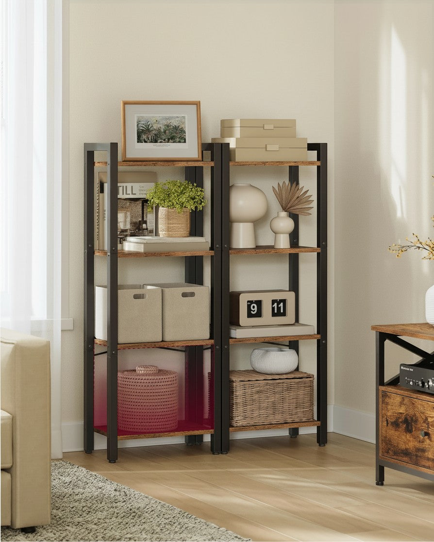 Tokari smalle boekenplank met 4 niveaus, industrieel design van zwart staal en rustiek bruin hout voor in de woonkamer