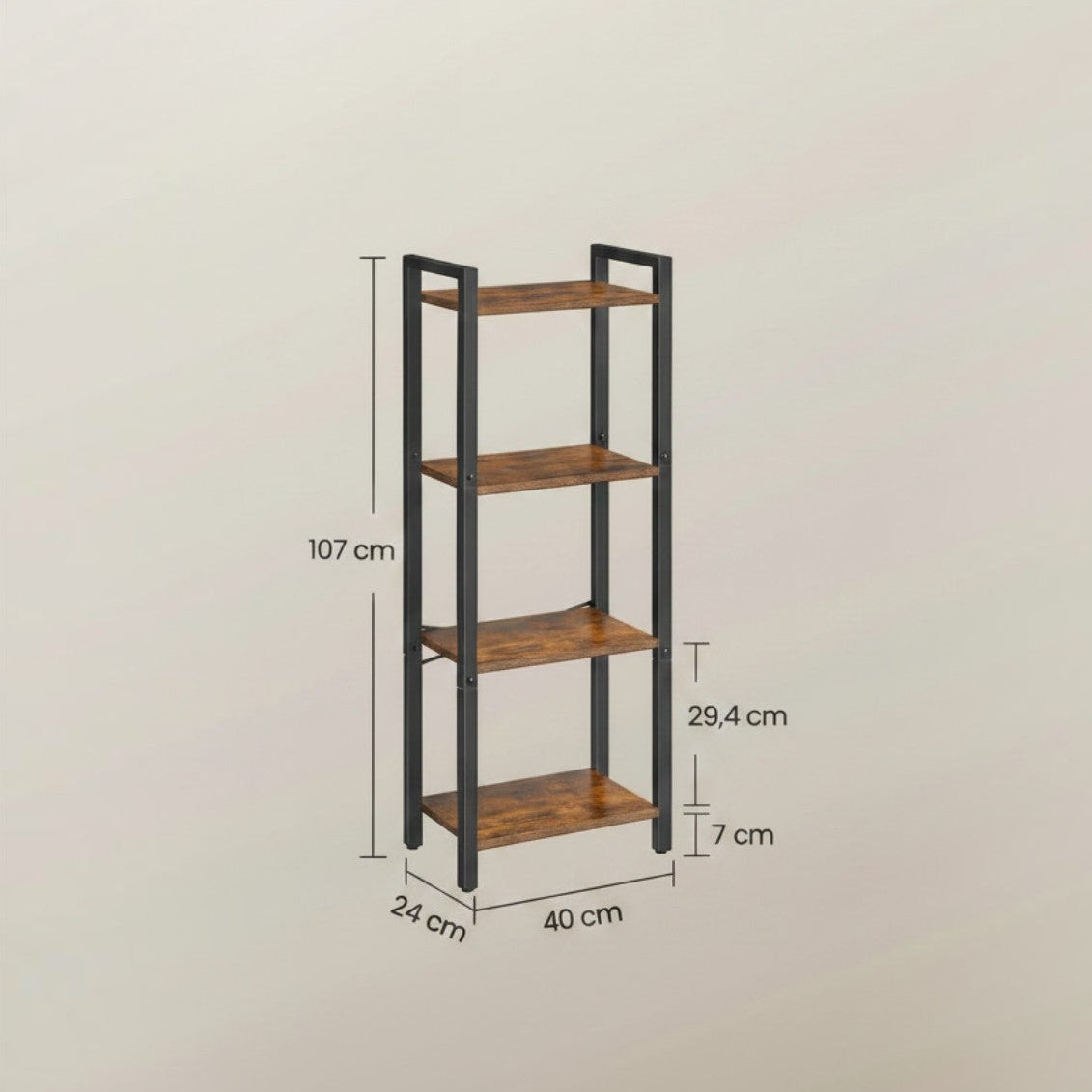Tokari smalle boekenplank met 4 niveaus, industrieel design met bruine houten planken en een zwart stalen frame.