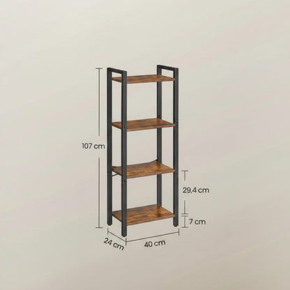 Tokari smalle boekenplank met 4 niveaus, industrieel design met bruine houten planken en een zwart stalen frame.
