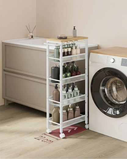 Tokari smalle keukentrolley met 5 niveaus, wit stalen frame en houten blad, verrijdbaar voor keuken of badkamer.