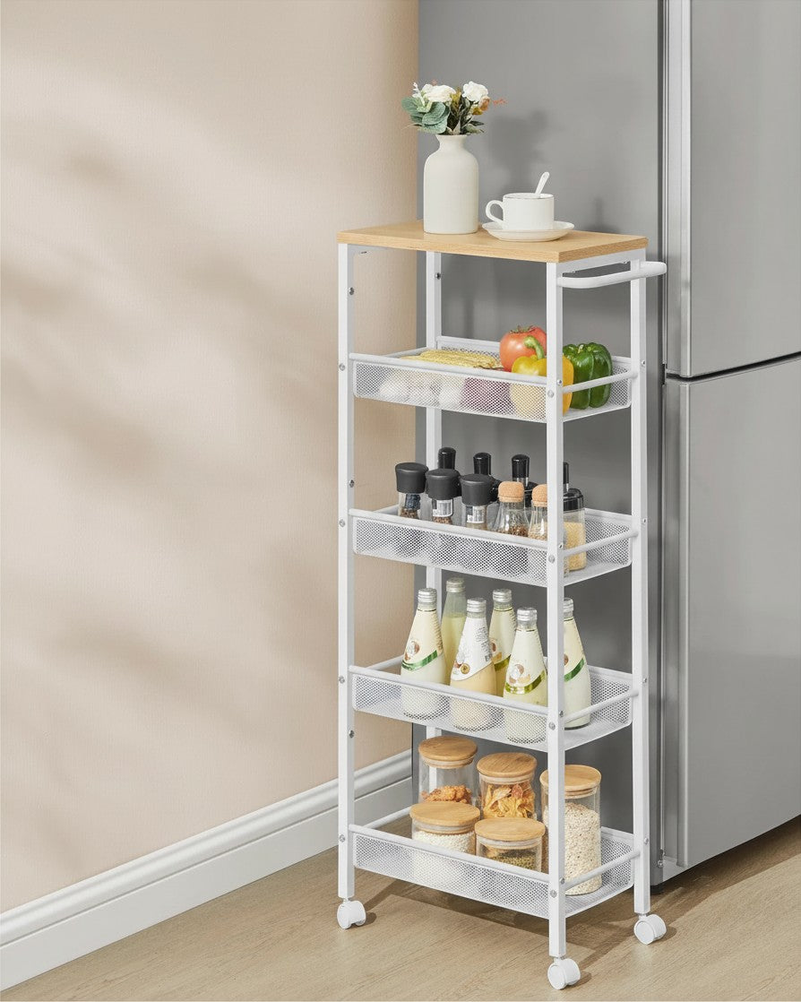 Tokari smalle witte keukentrolley met 4 niveaus, houten blad en zwenkwielen voor efficiënte opbergruimte in de keuken.