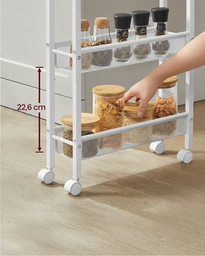 Tokari extra smalle witte metalen keukentrolley met 5 niveaus en zwenkwielen voor compacte opbergruimte in de keuken