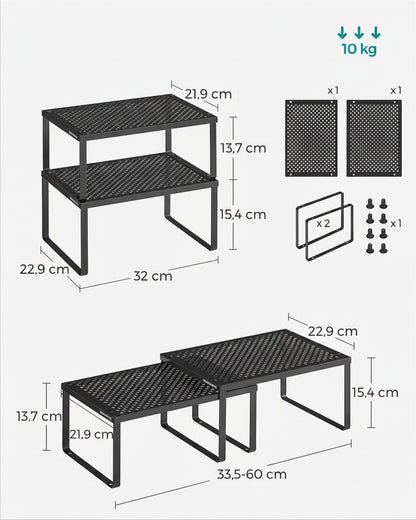 Tokari set van twee zwarte metalen stapelbare kastplanken met afmetingen voor optimale opbergruimte in de keuken.