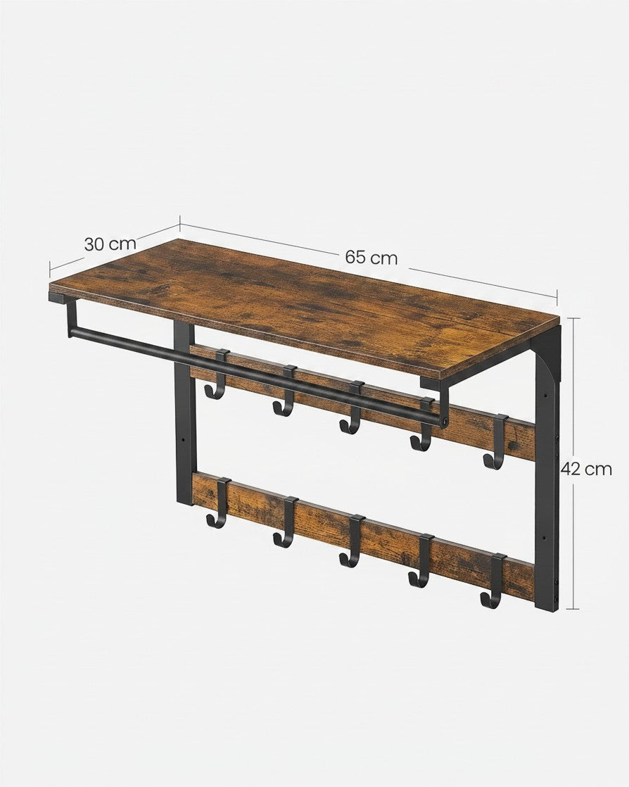 Tokari wandkapstok met houten plank en tien zwarte metalen haken voor jassen en tassen in een industriële stijl