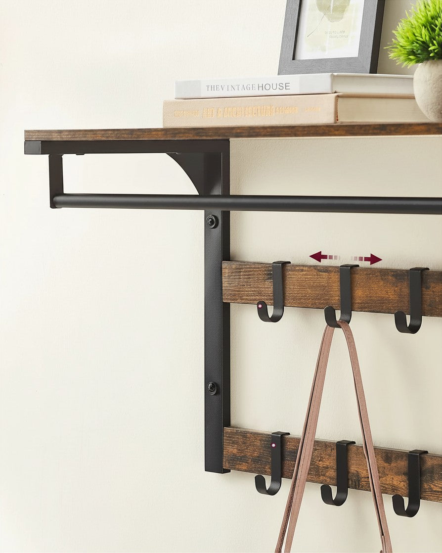 Tokari wandkapstok met houten planken en zwart metalen frame inclusief tien verstelbare haken voor jassen en tassen
