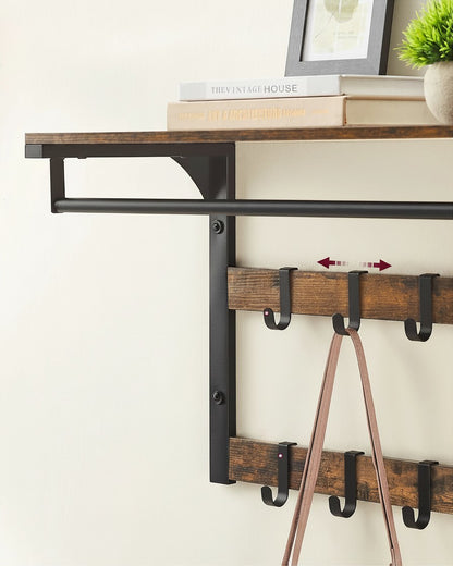 Tokari wandkapstok met houten planken en zwart metalen frame inclusief tien verstelbare haken voor jassen en tassen