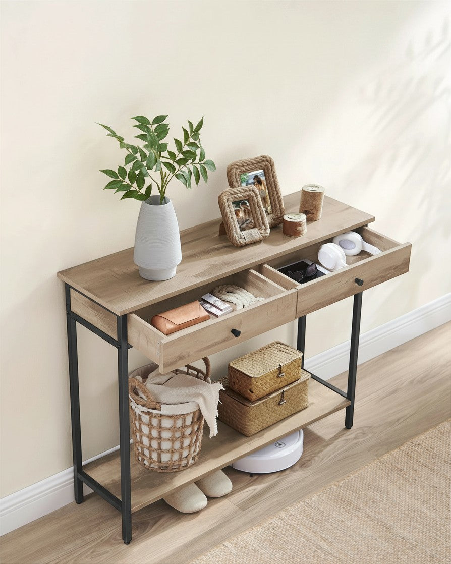 Tokari wandtafel met twee lades en onderrek in warme houtlook met zwart metalen frame voor in de hal of woonkamer.