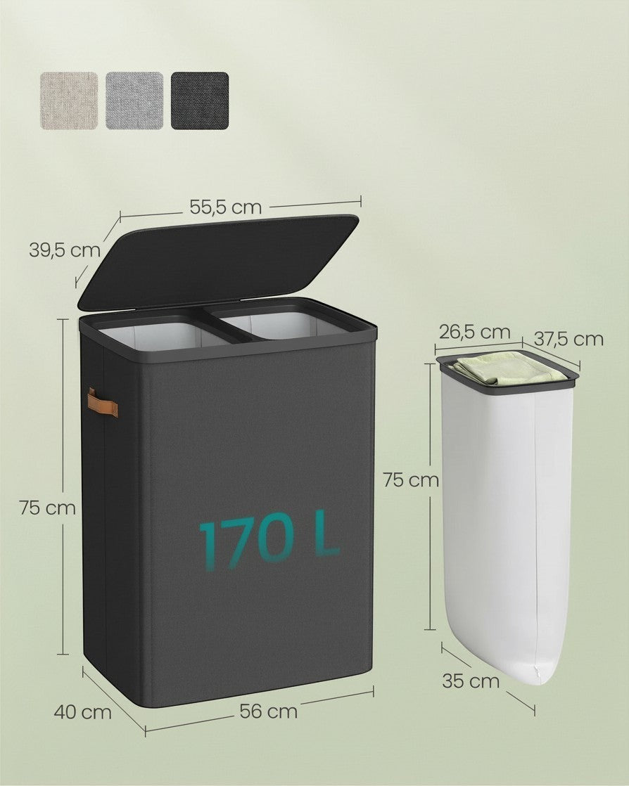 Tokari wasmand met 2 vakken en 170 liter inhoud, inclusief uitneembare zakken en afmetingen in een grijze kleur.