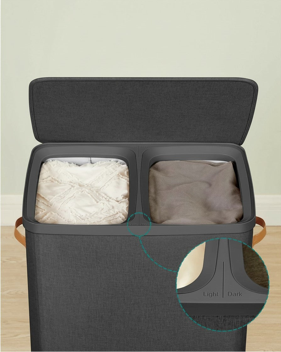 Tokari wasmand met 2 vakken van 170 liter in donkergrijs textiel met handige sorteerlabels voor lichte en donkere was