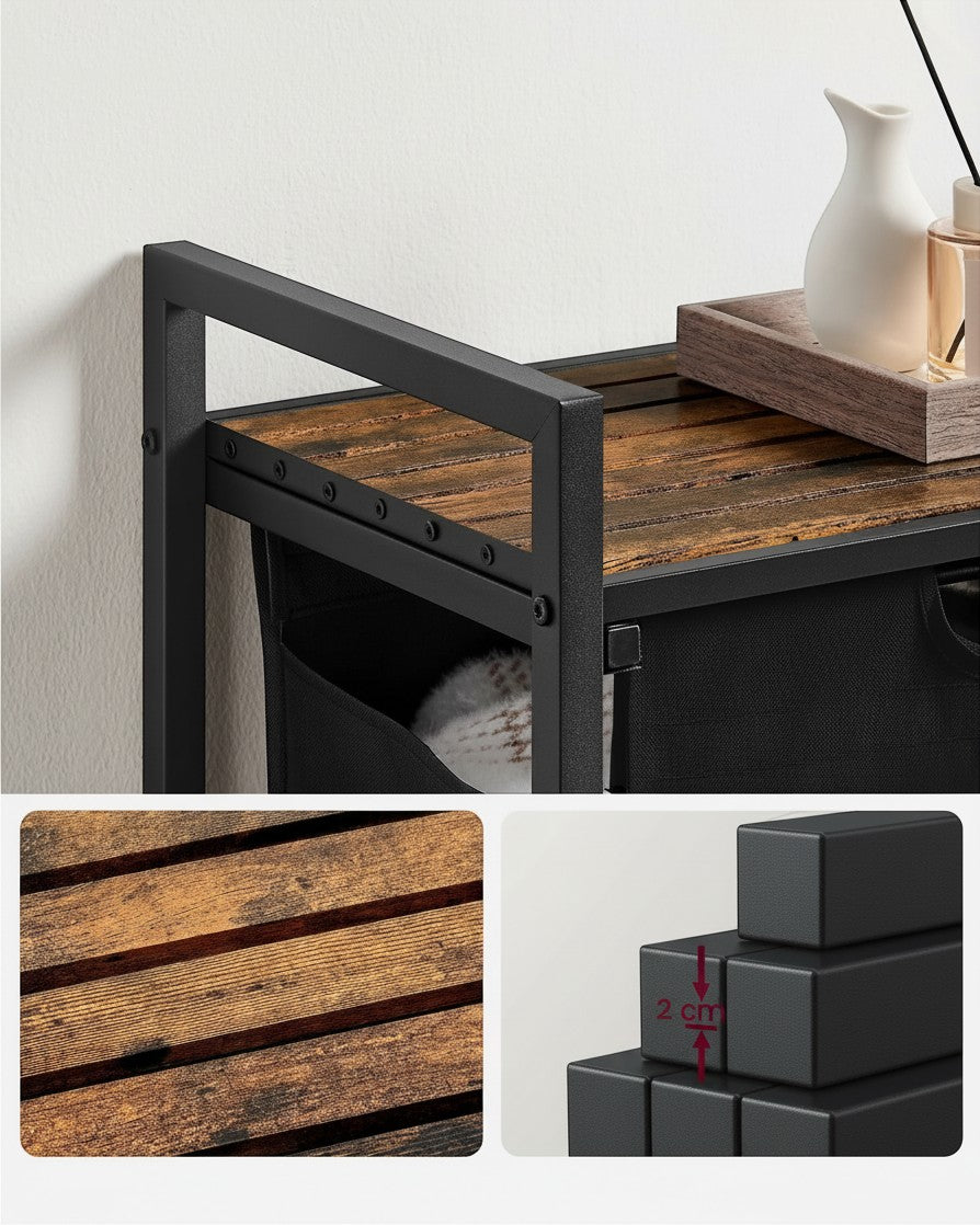 Tokari wasmand met 2 vakken, zwart metalen frame en houten bovenblad voor badkamer of slaapkamer.