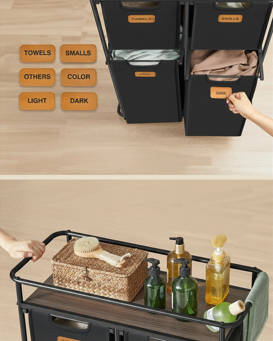 Tokari wassorteerwagen met 4 zwarte vakken, labels en een houten bovenblad voor wasmiddel in een moderne wasruimte.