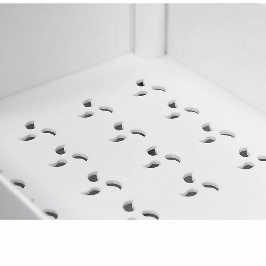 Close-up van de witte kunststof bodem met ventilatieopeningen van een Tokari opbergtrolley.