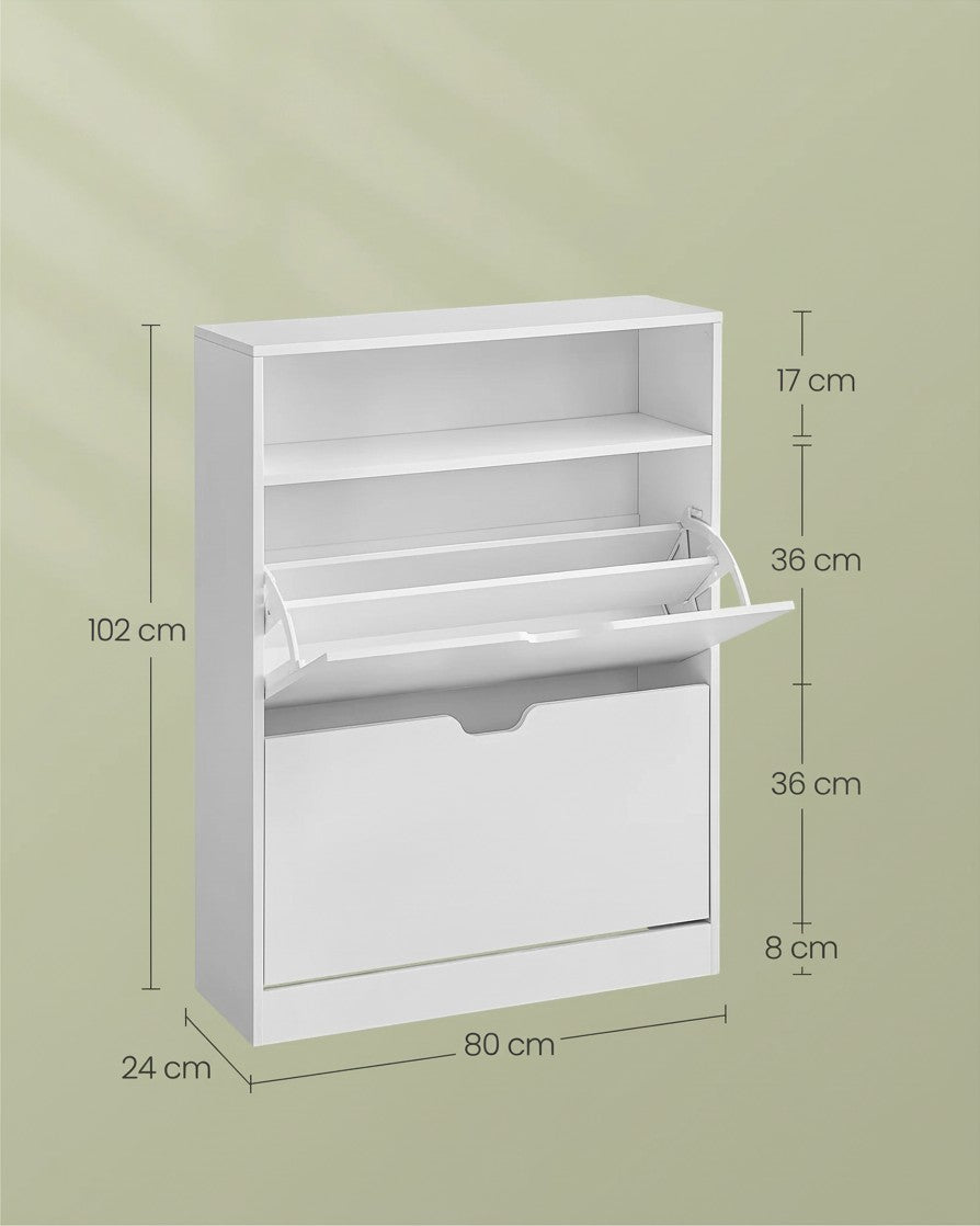 Tokari witte schoenenkast met twee kleppen en open opbergvak voor een moderne en georganiseerde hal