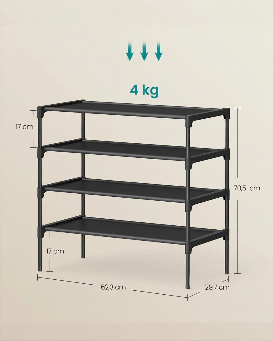 Tokari zwart metalen schoenenrek met 4 lagen en afmetingen voor een georganiseerde hal of slaapkamer.