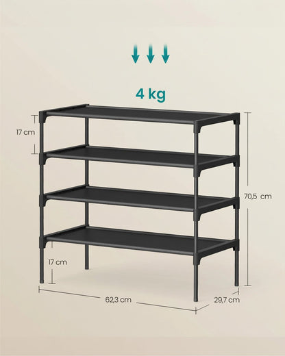 Tokari zwart metalen schoenenrek met 4 lagen en afmetingen voor een georganiseerde hal of slaapkamer.