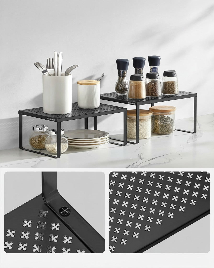 Tokari set van twee zwarte metalen stapelbare kastplanken voor extra opbergruimte in de keuken of badkamer