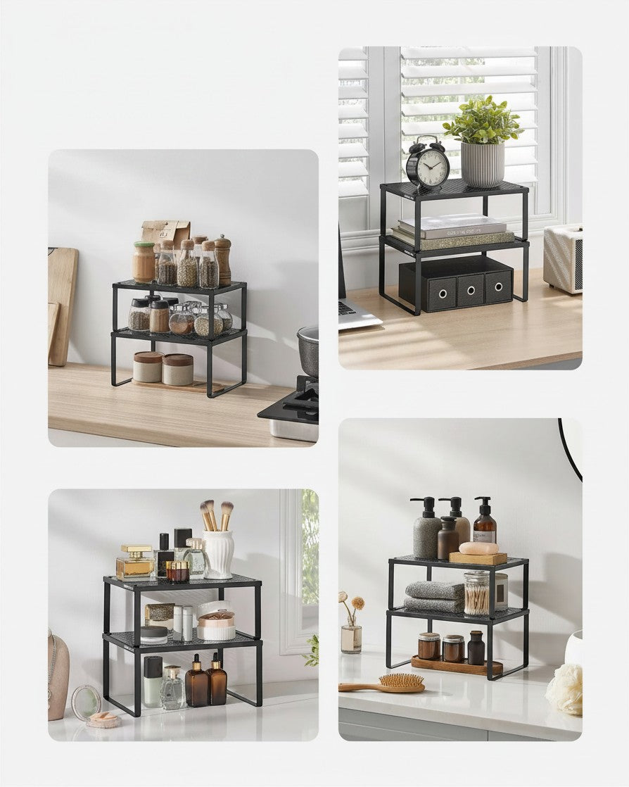 Tokari set van twee zwarte metalen stapelbare kastplanken voor extra opbergruimte in keuken, badkamer of op bureau.