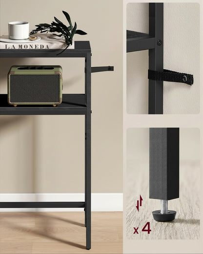 Tokari zwarte wandtafel met twee planken, stalen frame, verstelbare pootjes en muurbevestiging voor in de hal.